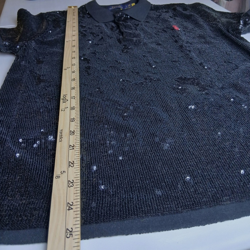 Polo Ralph Lauren Black Sequin Short Sleeve Polo Shirt Red Pony Logo Large - Picture 9 of 12